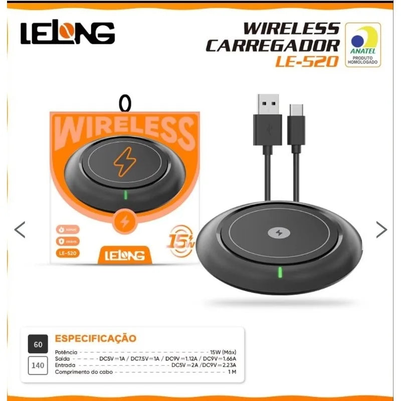 Carregador Sem Fio Por Indução de Carregamento Rápido Estavel 15W Wireless LeLong LE-520