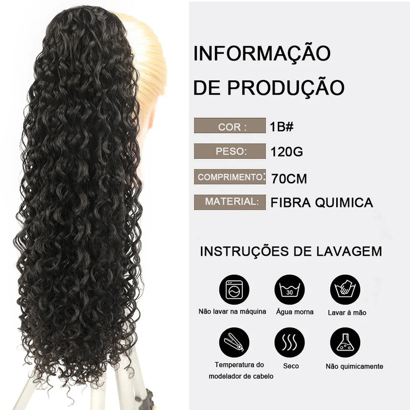 Aplique Rabo de Cavalo Longo Ondas Profundas Cabelo Fibra Proteica Orgânica de Alta Qualidade Afro Cacheado 70cm 120g