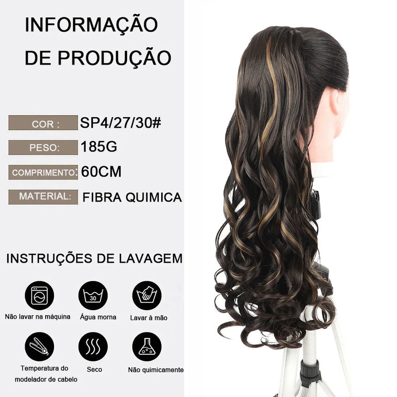 Aplique Rabo de Cavalo Acompanha Elastico e Garfinhos 185g 60cm Fibra Orgânica Ondulado Liso Fácil de Voce Colocar "CASSIANE"