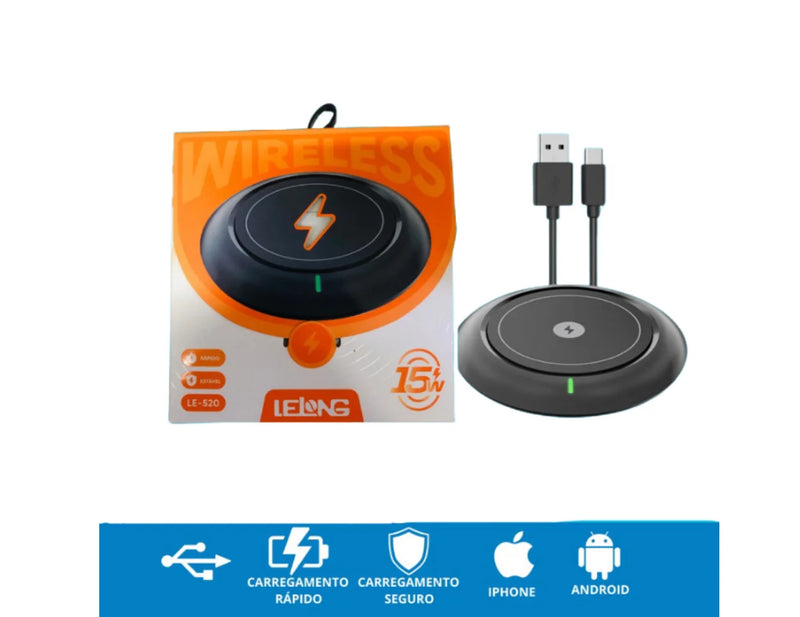 Carregador Sem Fio Por Indução de Carregamento Rápido Estavel 15W Wireless LeLong LE-520