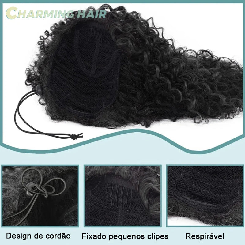 Aplique Rabo de Cavalo Longo Ondas Profundas Cabelo Fibra Proteica Orgânica de Alta Qualidade Afro Cacheado 70cm 120g