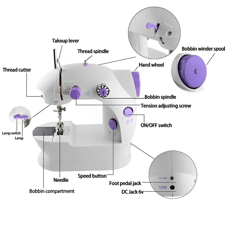 Mini máquina de costura portátil com pedal elétrico costureira bivolt 110V/220V